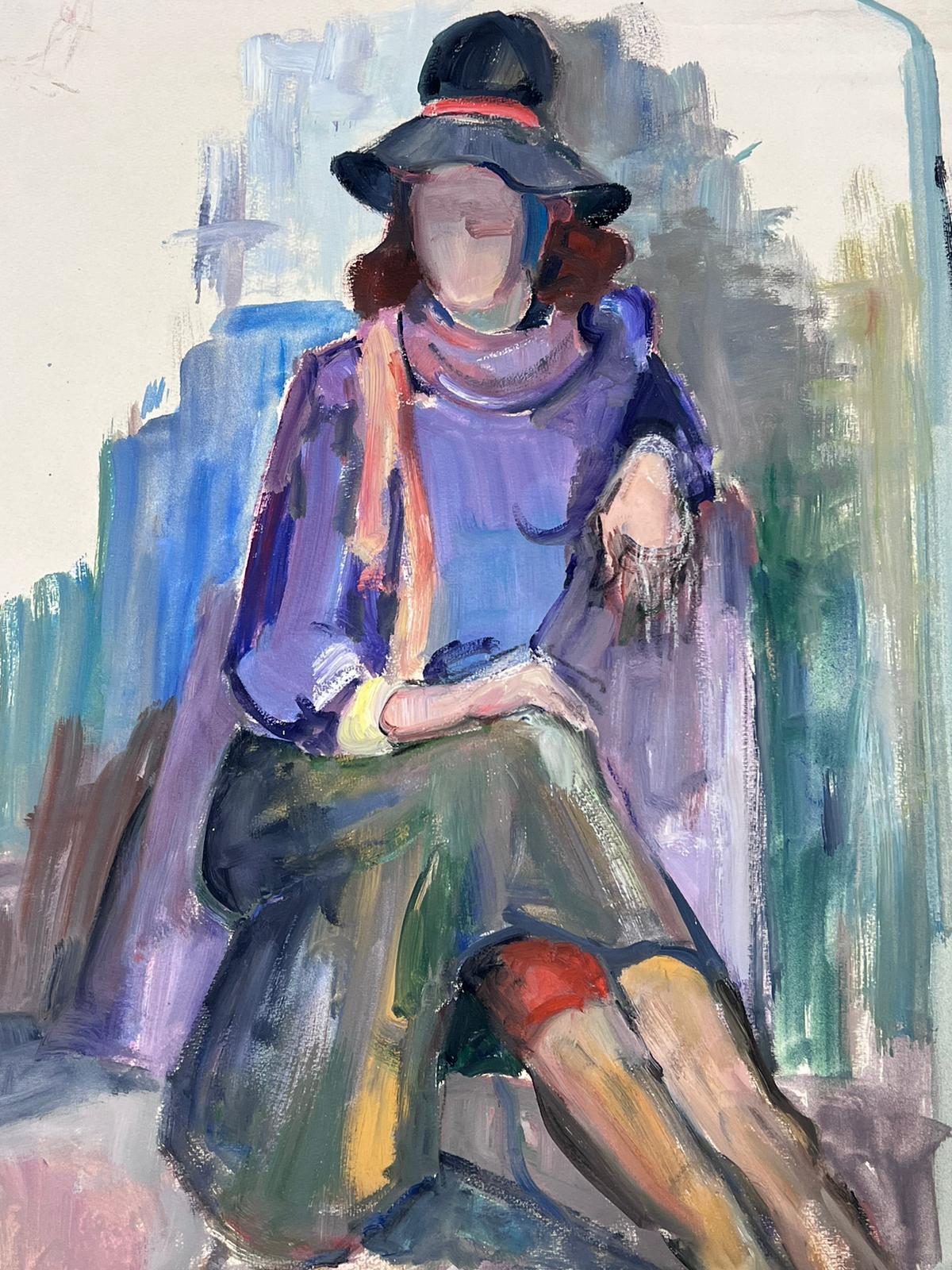 1970's Posed Chic Model In Black Hat French Modernist Painting  For Sale 4
