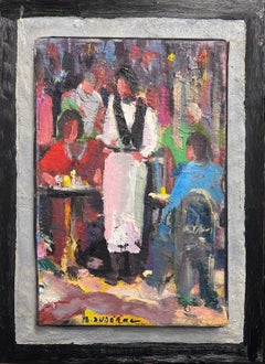 Buzzy French Cafe Outside Scene 20th Century French Impressionist Signed Oil