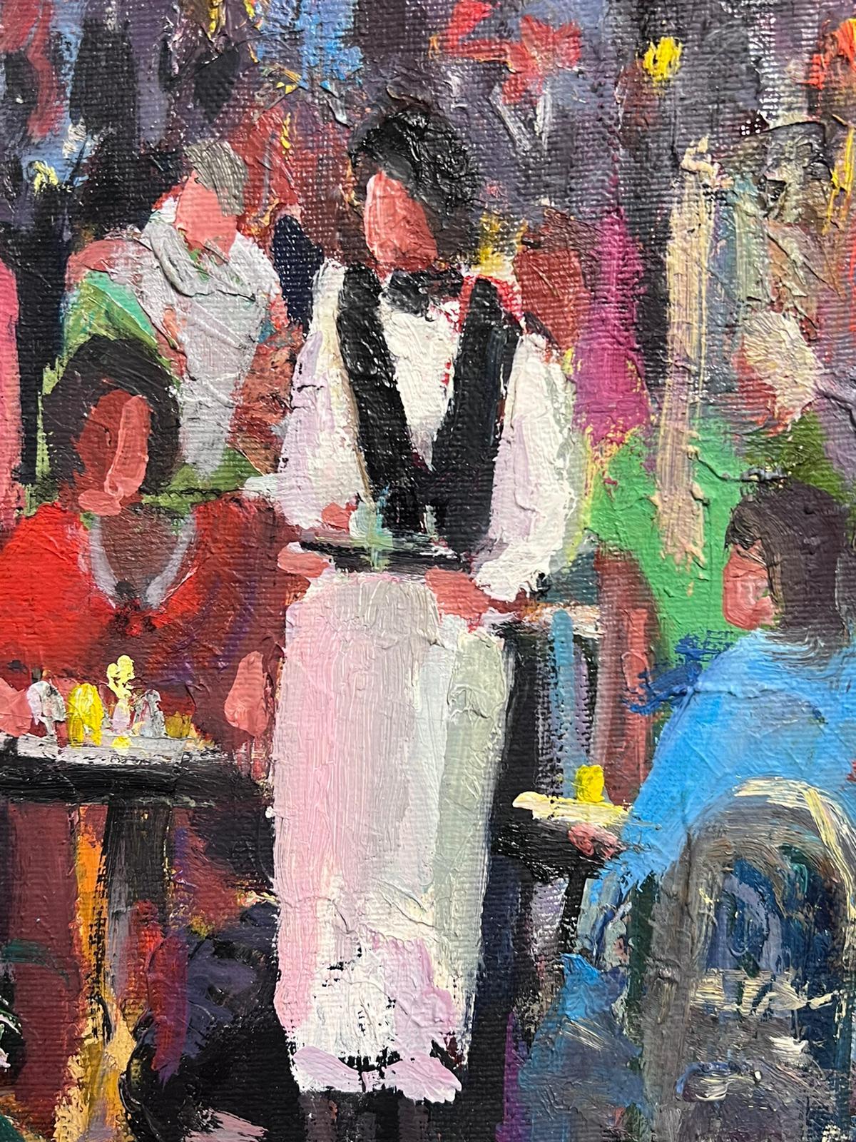 Buzzy French Cafe Outside Scene 20th Century French Impressionist Signed Oil  1