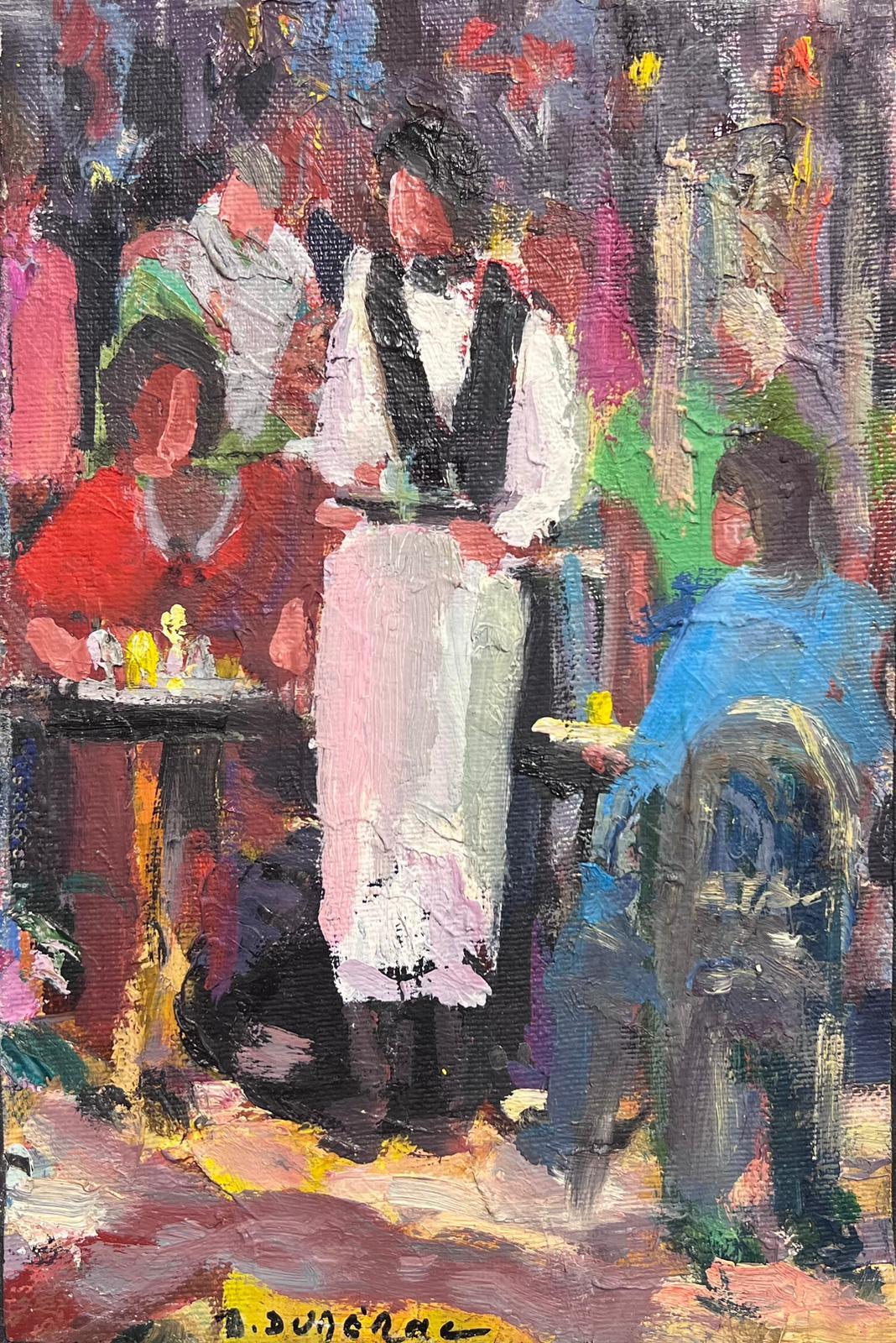 French Modernist Figurative Painting - Buzzy French Cafe Outside Scene 20th Century French Impressionist Signed Oil 
