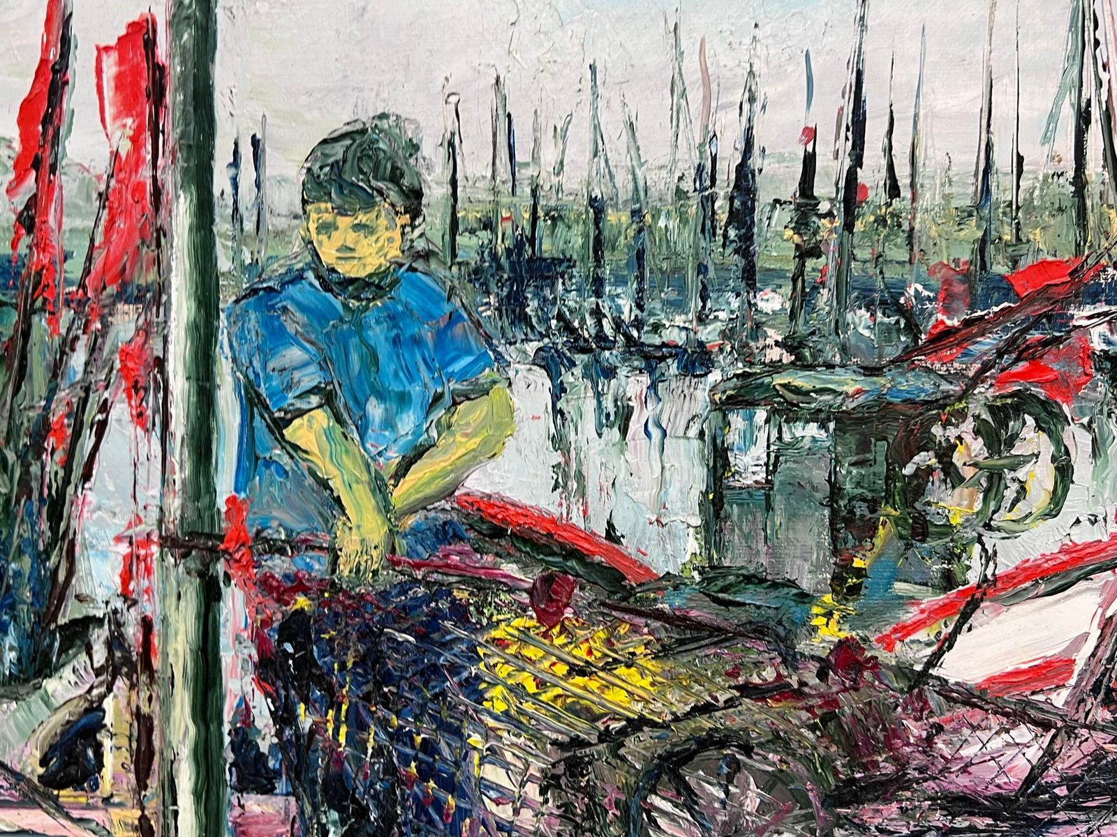 Fisherman on Quay tending his Nets Signed French Modernist Expressionist Oil  For Sale 3