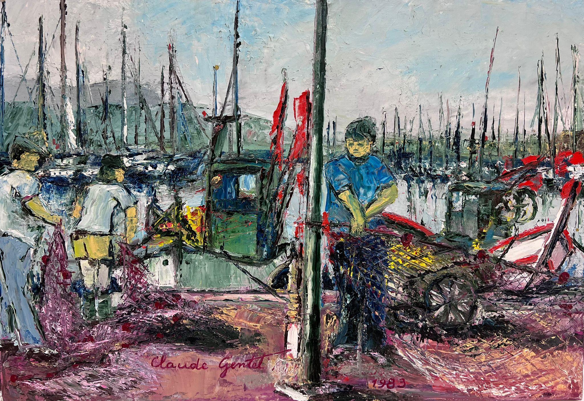 Figurative Painting French Modernist - Fisherman on Quay tendant ses filets - Huile expressionniste française signée de style moderniste 