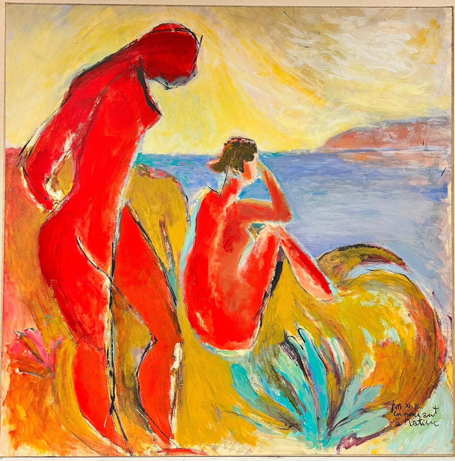 Follower of Henri Matisse Large Colorist Oil Female Bathers on Coastal Shore - Painting by French Modernist