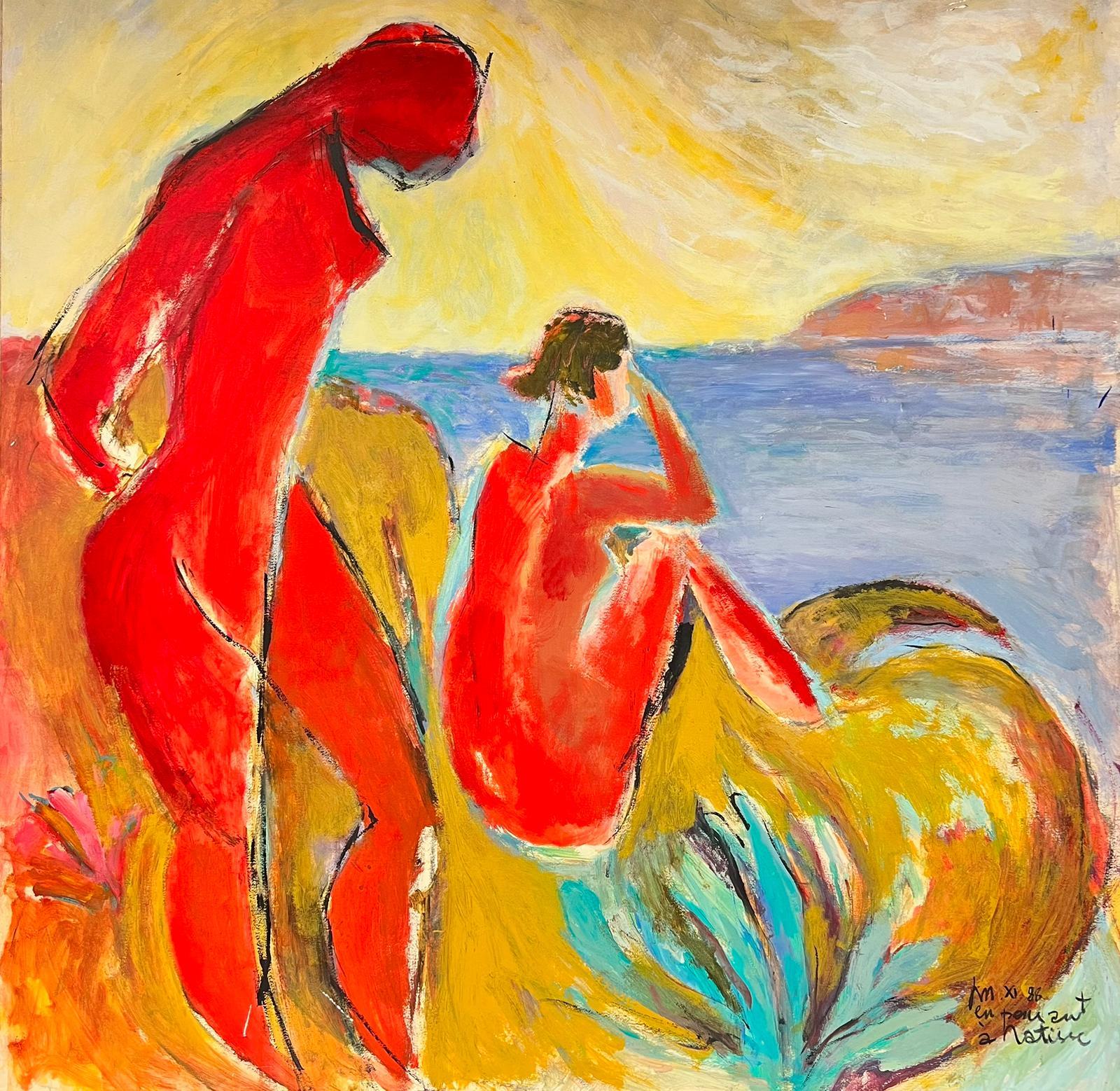 French Modernist Nude Painting - Follower of Henri Matisse Large Colorist Oil Female Bathers on Coastal Shore