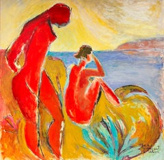 Vintage Follower of Henri Matisse Large Colorist Oil Female Bathers on Coastal Shore