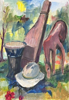 Retro French Modernist Painting Collection Horse Munching In Busy Summer Field