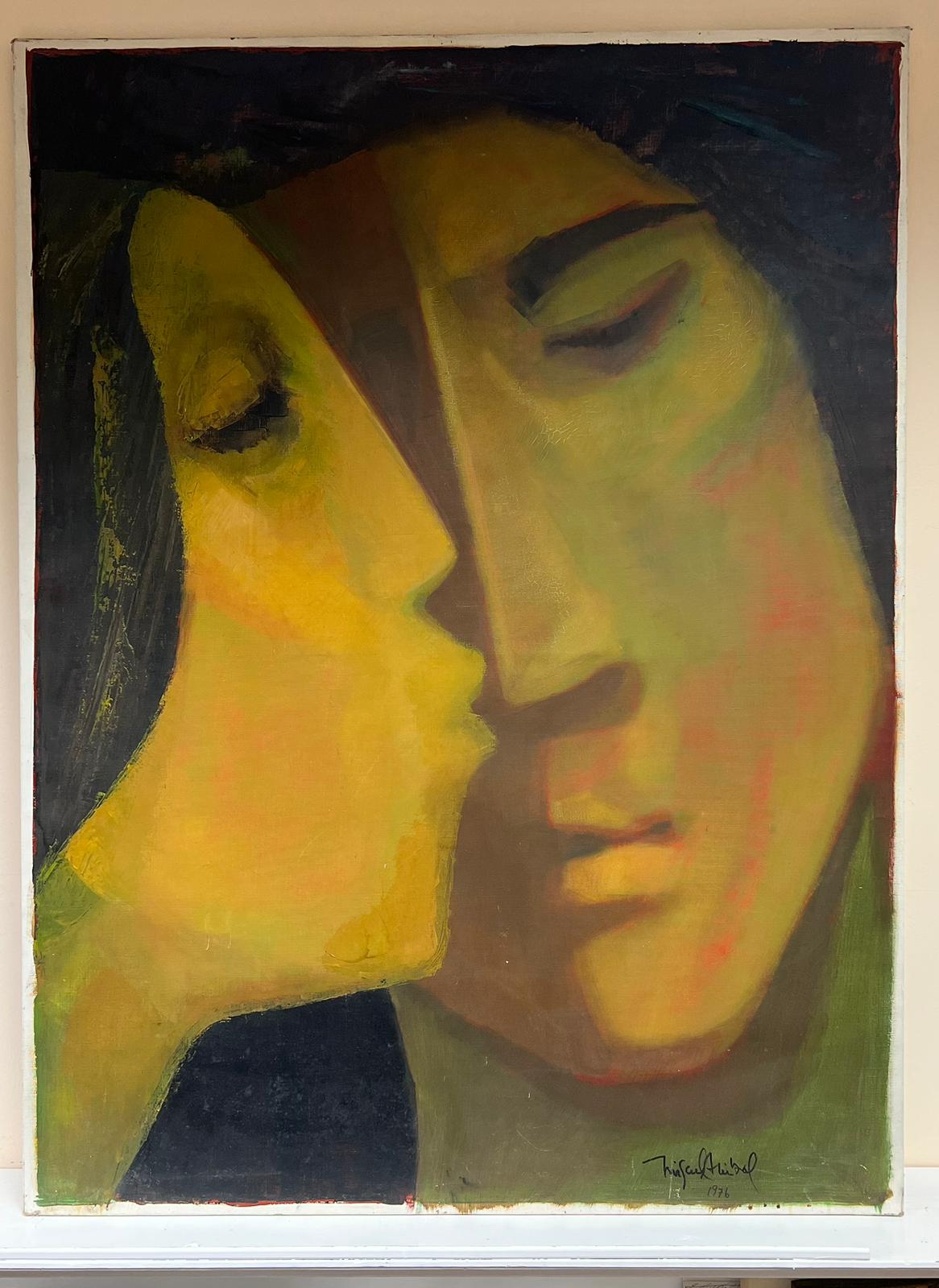 Enorme olio francese modernista che bacia una coppia di figure astratte, dipinto firmato - Painting di French Modernist