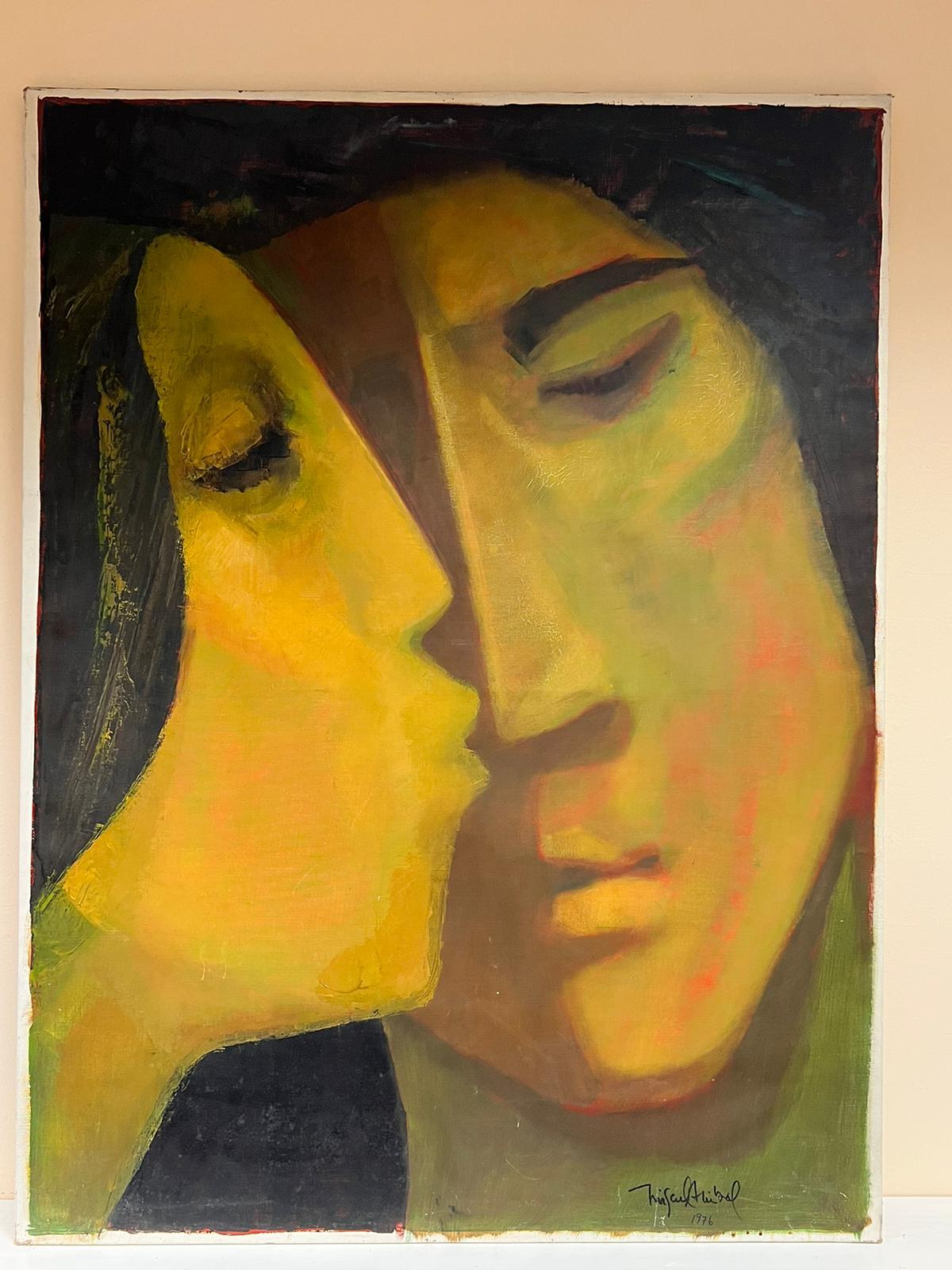 Énorme peinture à l'huile moderniste française représentant deux couples qui se baignent, signée - Moderne Painting par French Modernist