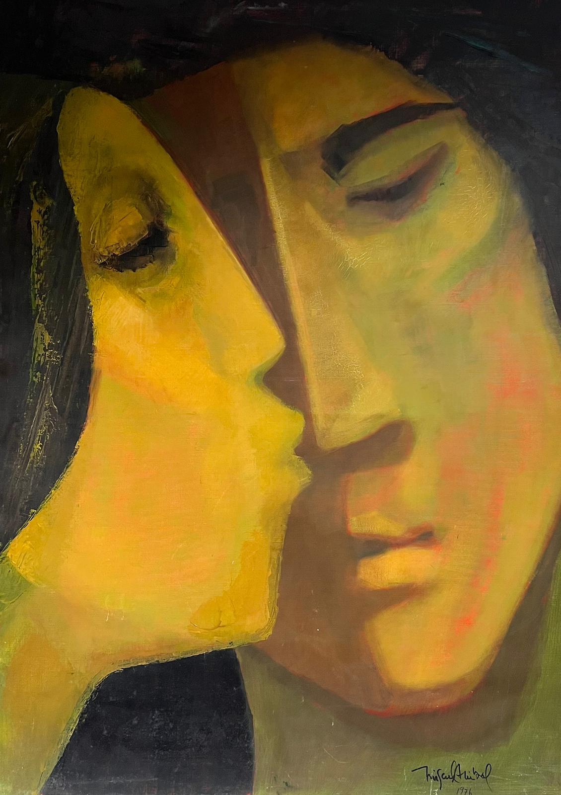 Enorme olio francese modernista che bacia una coppia di figure astratte, dipinto firmato - Figurative Painting Marrone di French Modernist