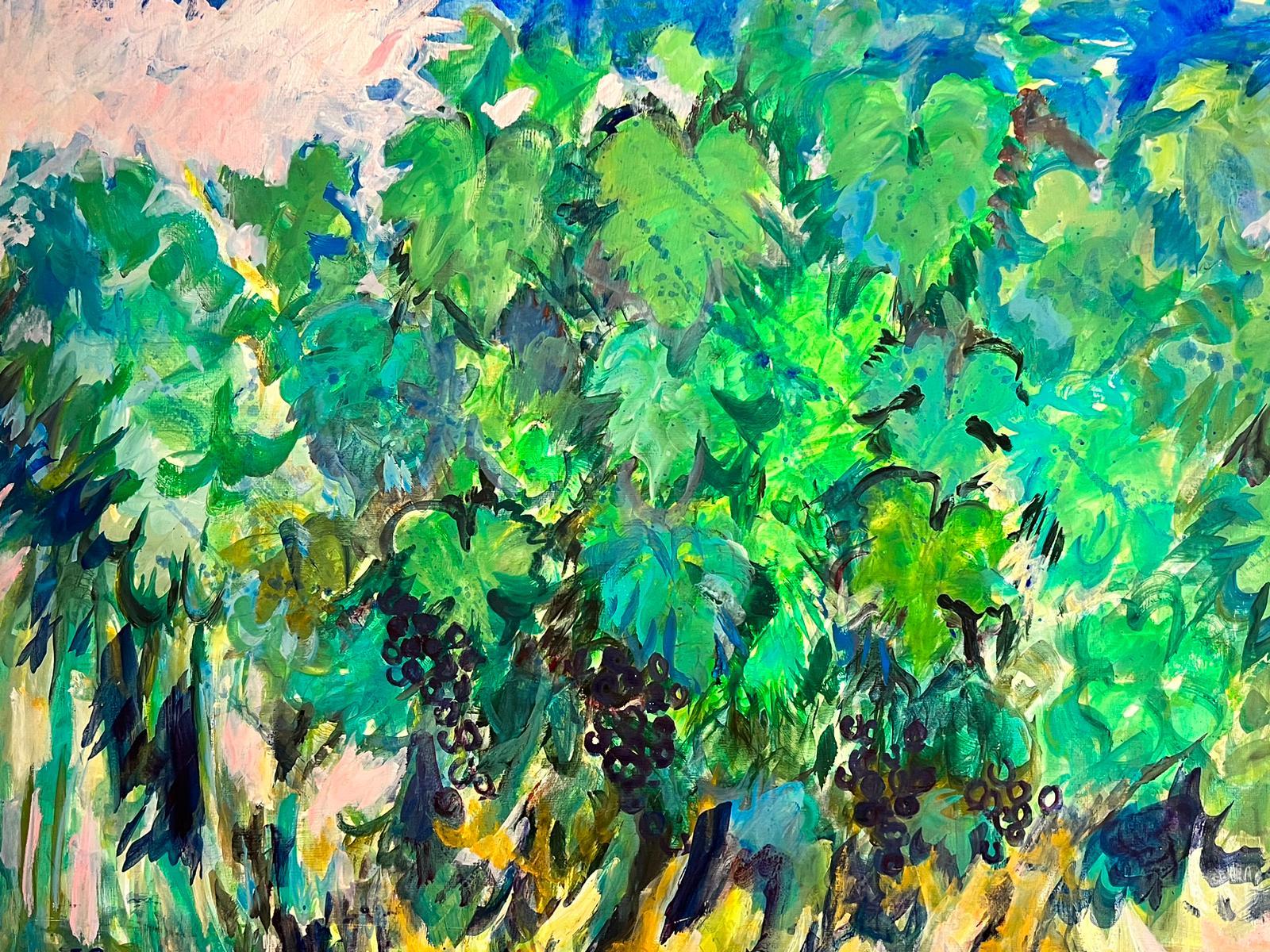 Huge French Signed Oil Vineyard Grapes Growing on Vines Deep Green & Blue Colors - Painting by French Modernist