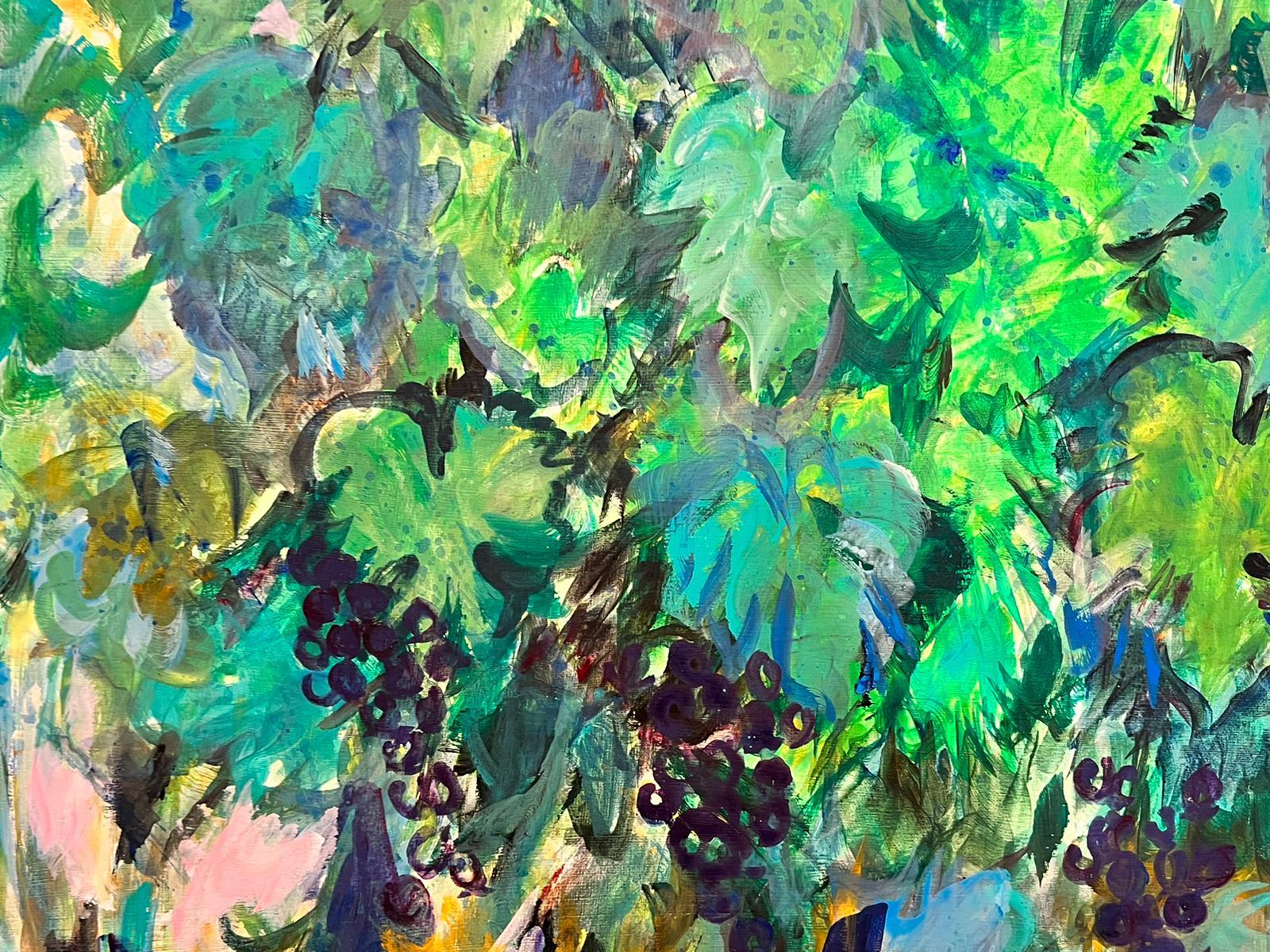 Très grandes grappes de raisins de vigne peintes à l'huile sur vignes aux couleurs vert profond et bleu - Moderne Painting par French Modernist