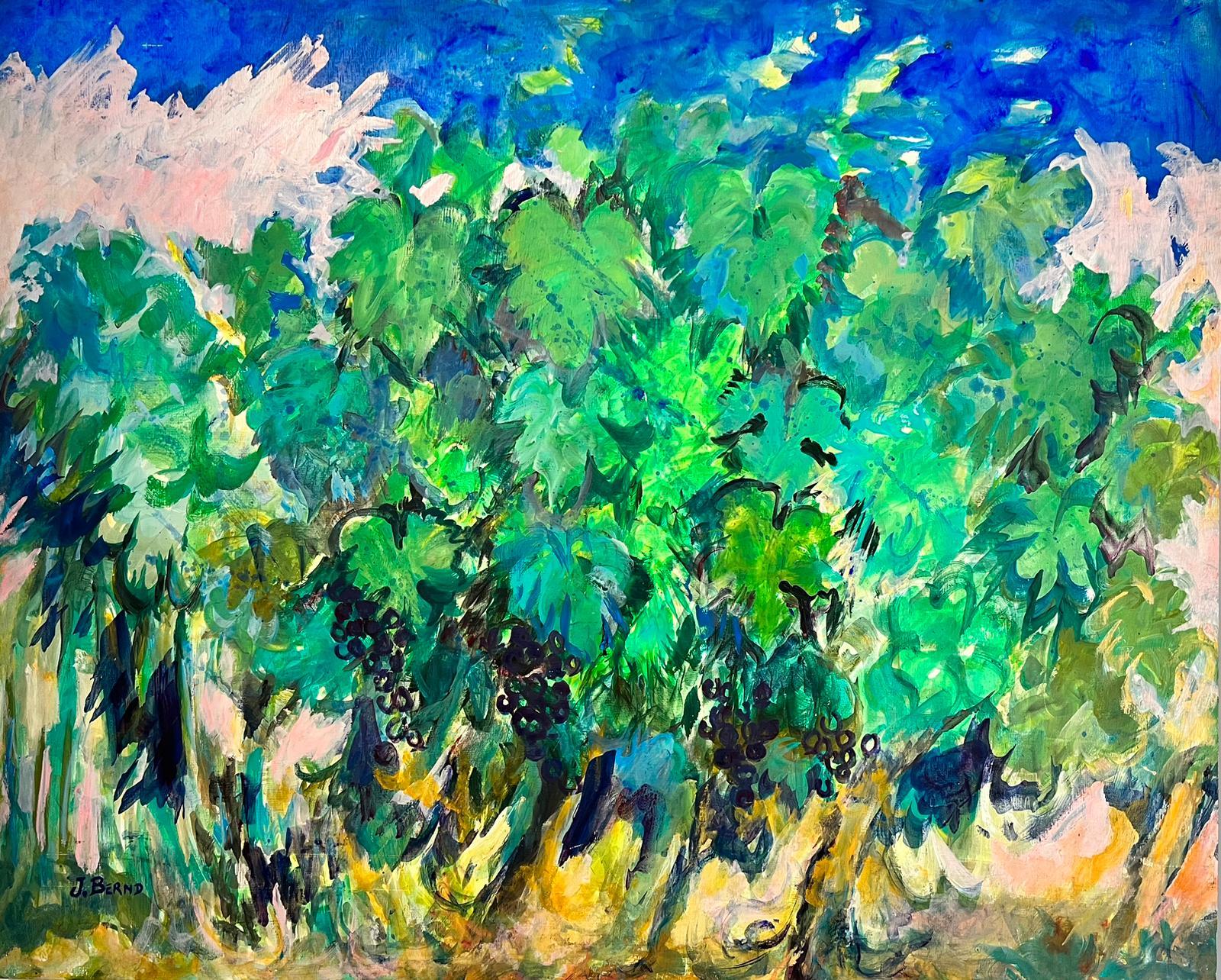 French Modernist Landscape Painting – Große französische signierte Öl- Weinreben Trauben auf Weinreben in tiefem Grün und Blau