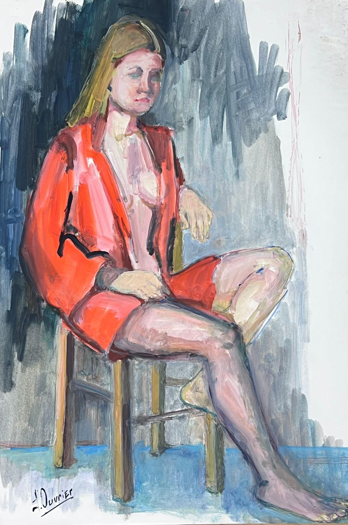 Lady In Red Open Jacket modèle de peinture moderniste française des années 1970 Provence - Painting de French Modernist