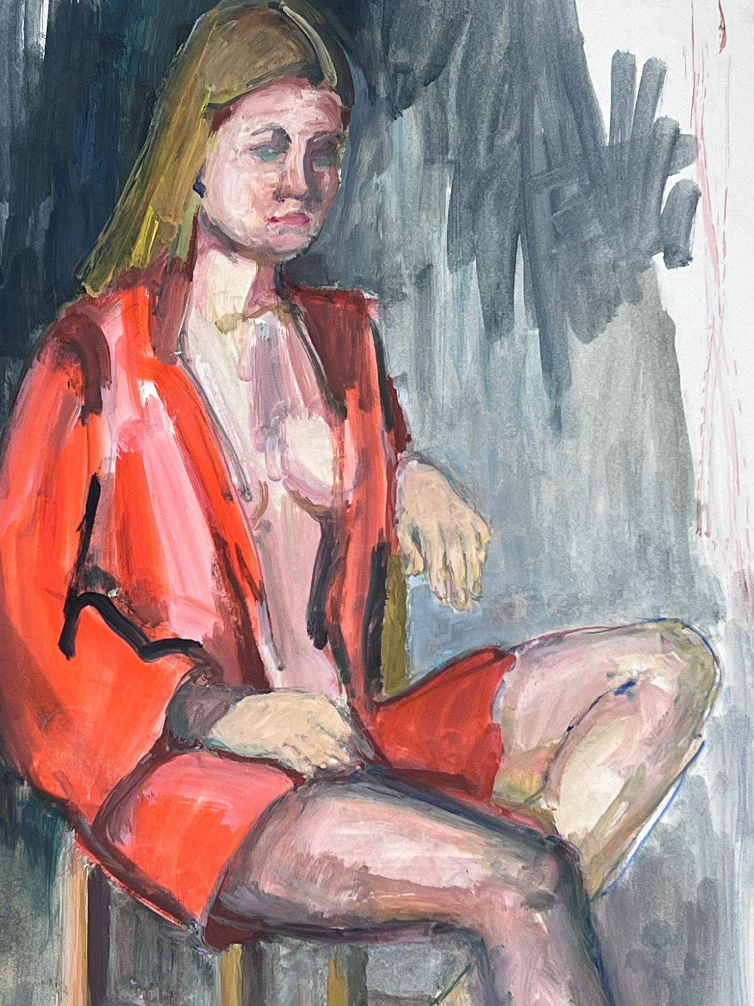 Lady In Red Open Jacket Model 1970's French Modernist Painting Provence For Sale 4