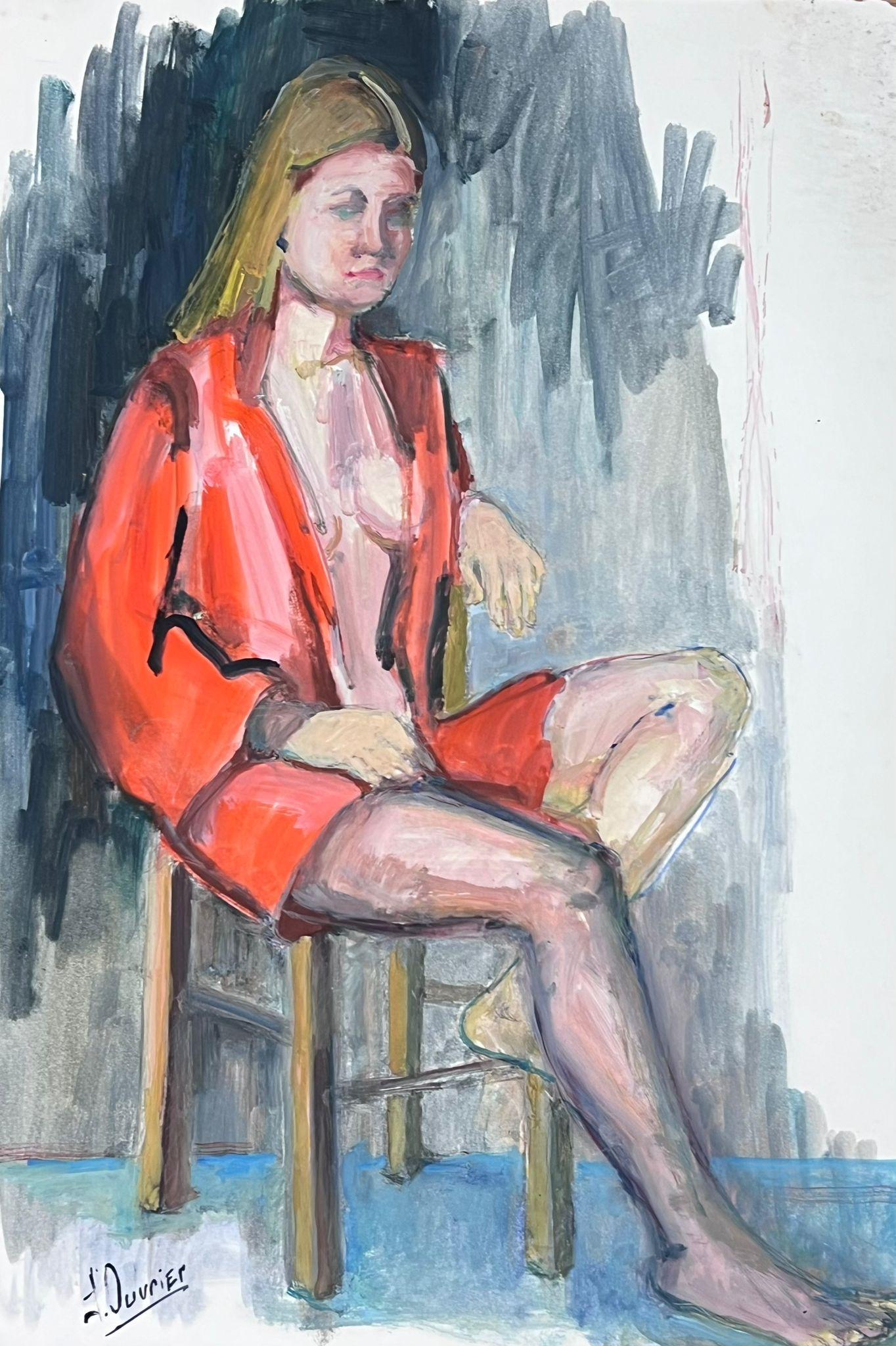 Portrait Painting French Modernist - Lady In Red Open Jacket modèle de peinture moderniste française des années 1970 Provence