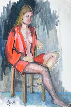 Vintage Lady In Red Open Jacket Model 1970's French Modernist Painting Provence