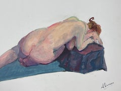 Lying Nude Lady Model 1970's French Modernist Painting Provence Collection