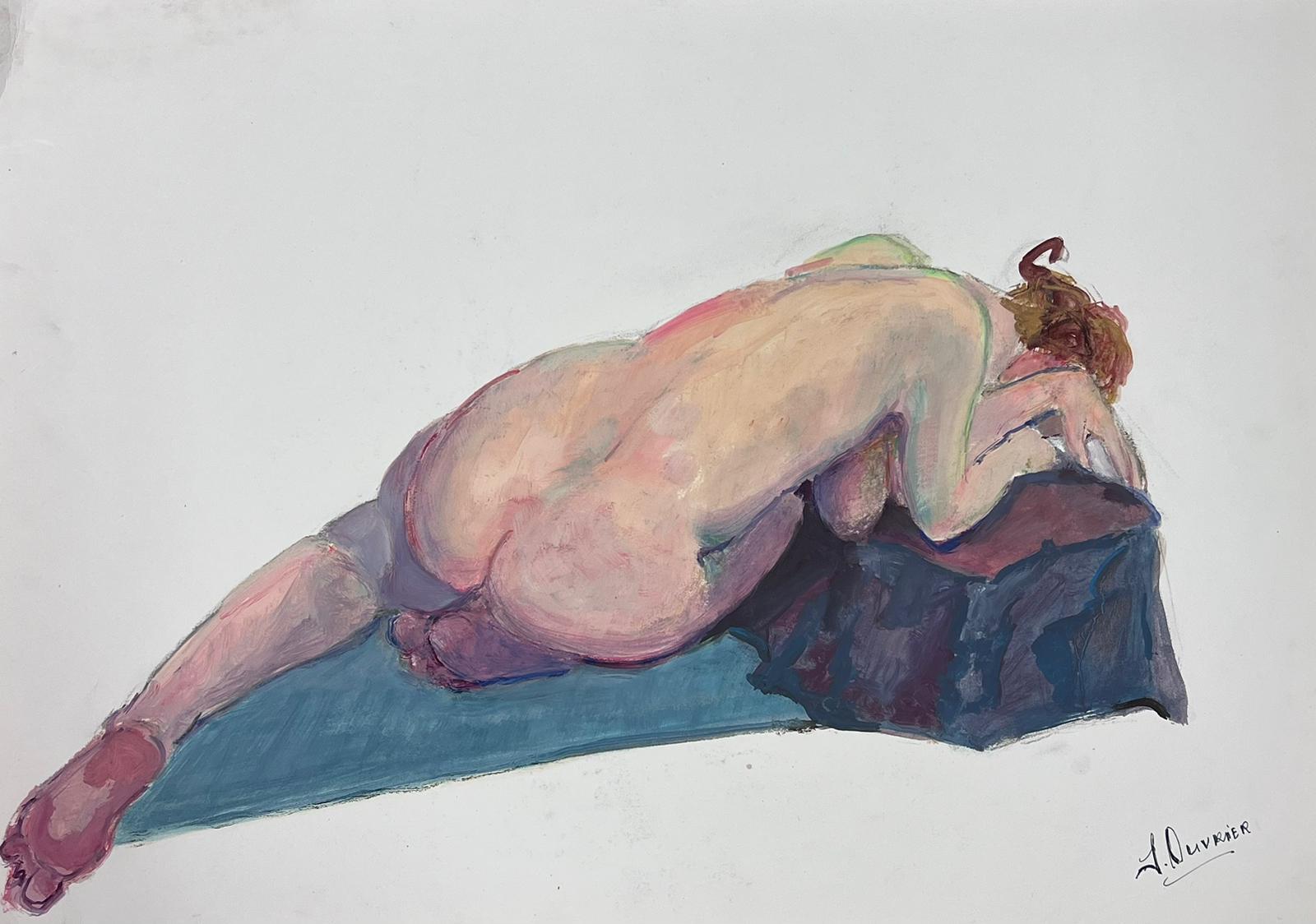 Nude Painting French Modernist - Tableau moderniste français d'une femme nue allongée des années 1970 Collection Provence