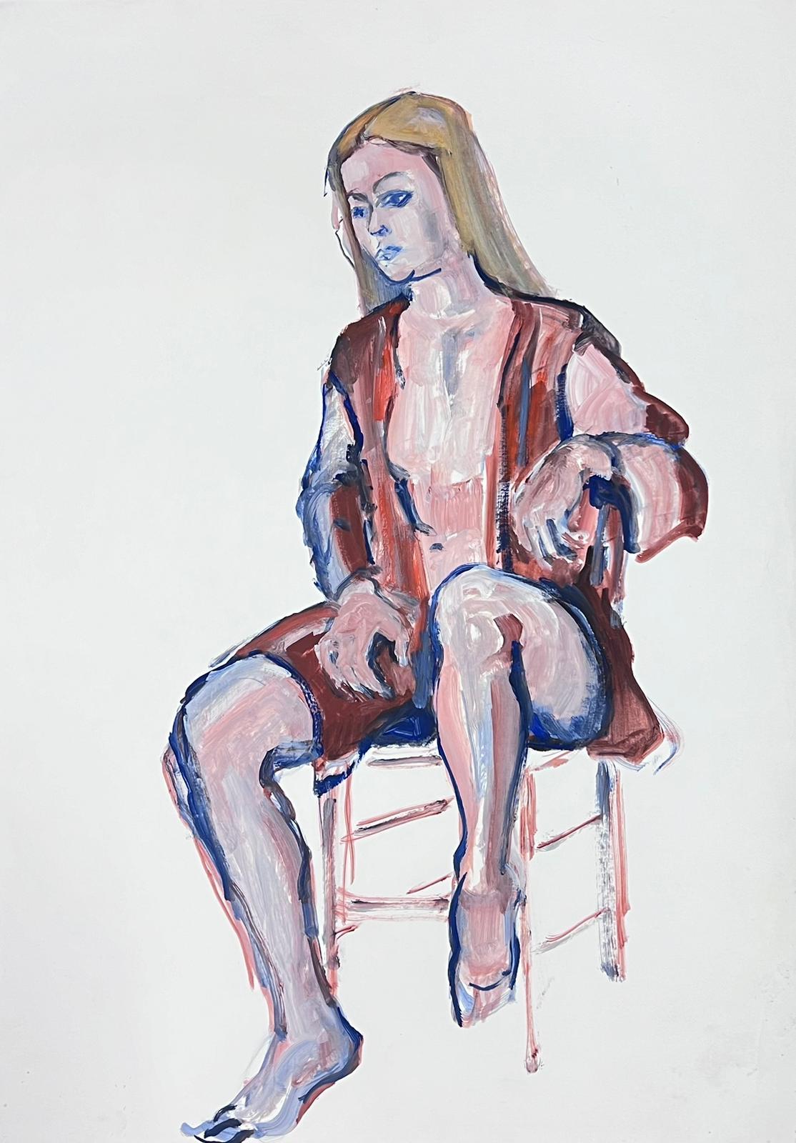 Posed Lady Model On Chair 1970's French Modernist Painting Provence Collection