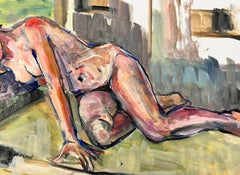 Reclining Nude Lady Model 1970's French Modernist Painting Provence Collection