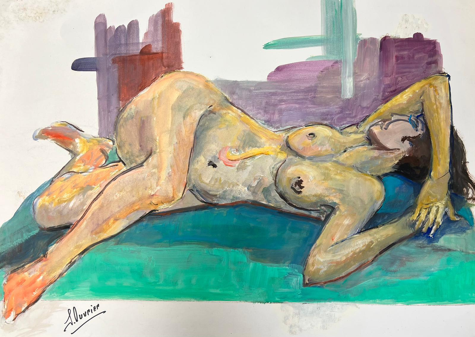 Peinture moderniste française d'une femme nue couchée des années 1970, collection Provence - Painting de French Modernist