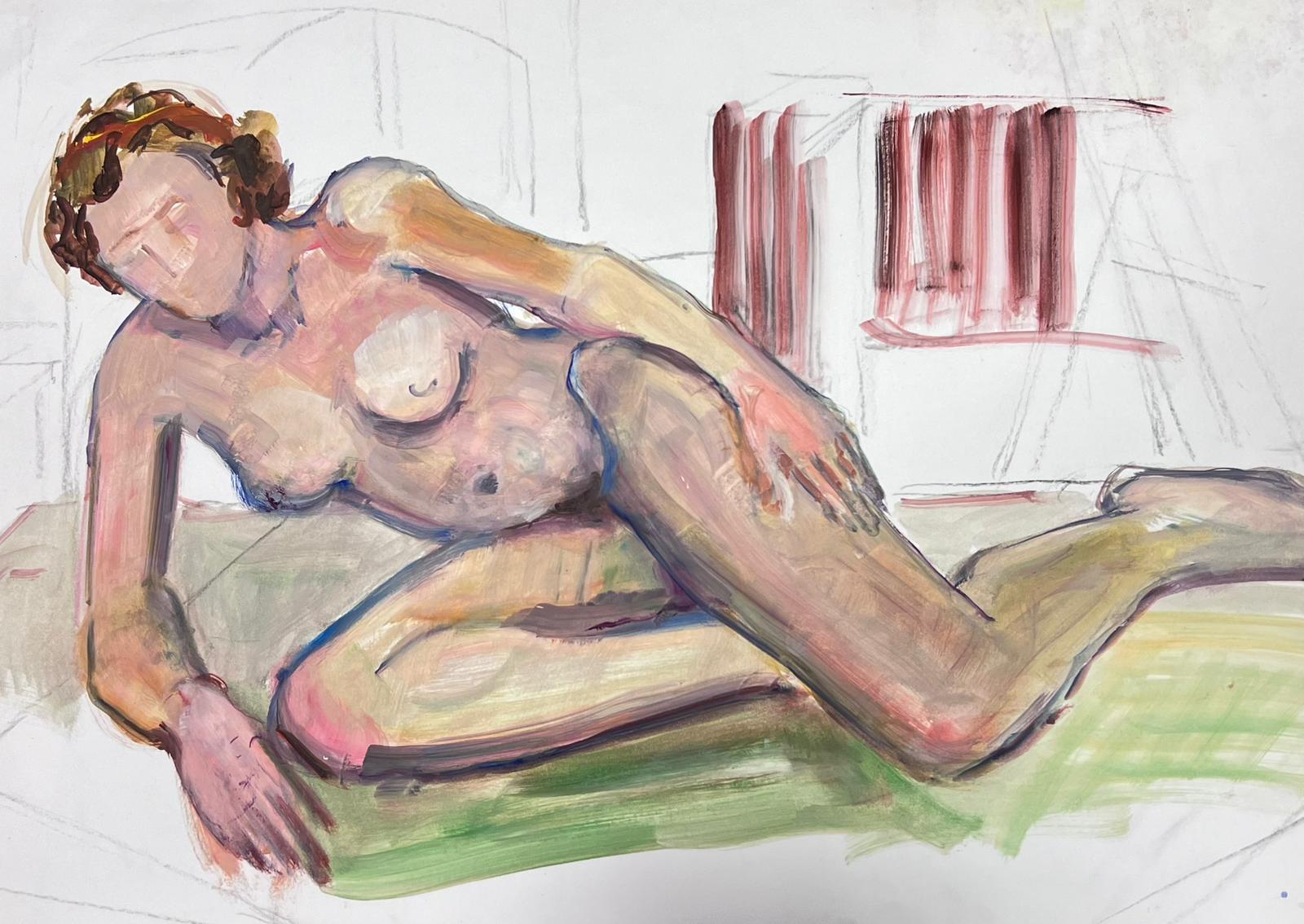 Reclining Nude Lady Model 1970's French Modernist Painting Provence Collection For Sale 3