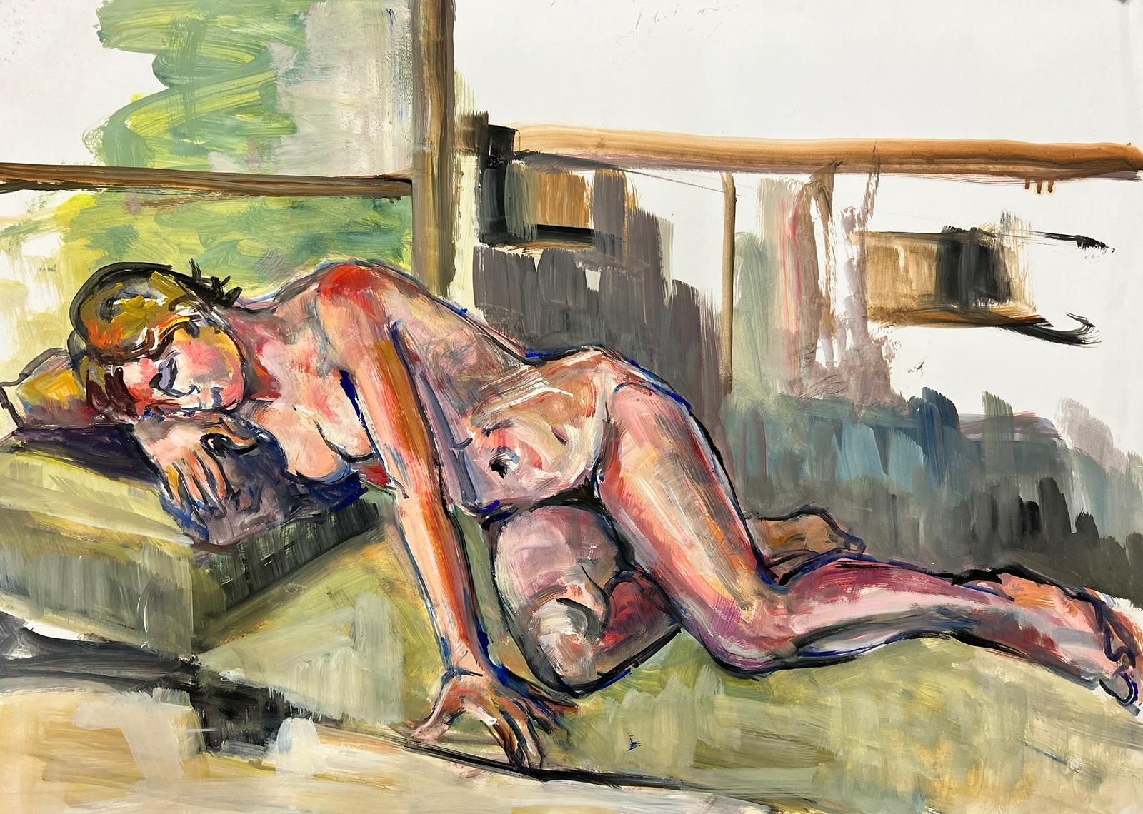 Figurative Painting French Modernist - Peinture moderniste française d'une femme nue couchée des années 1970, collection Provence