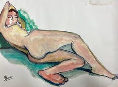 Reclining Nude Lady Model 1970's French Modernist Painting Provence Collection