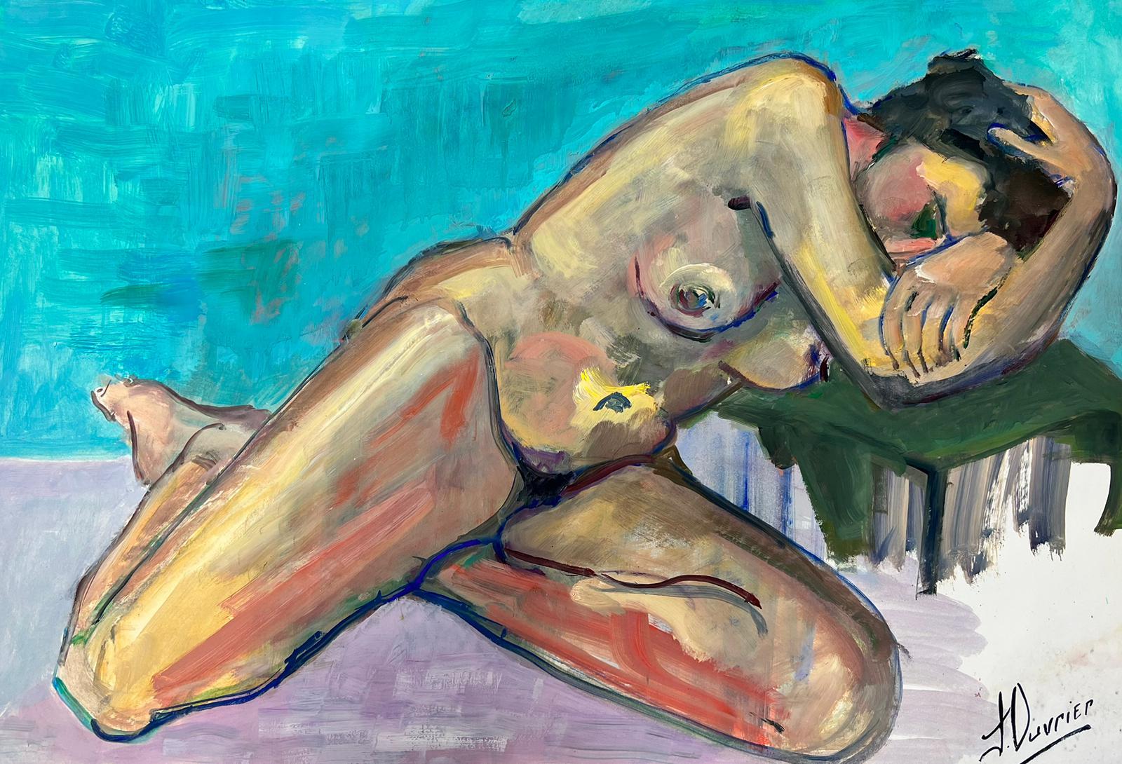 Nude Painting French Modernist - Peinture moderniste française d'une femme nue couchée des années 1970, collection Provence