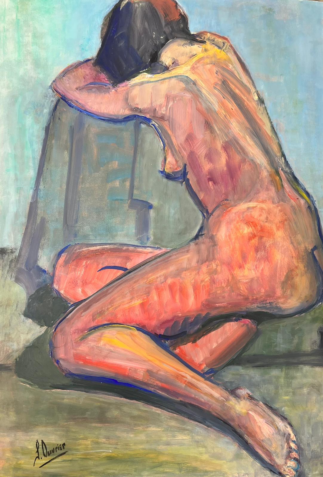 Nude Painting French Modernist - Peinture moderniste française d'une femme nue couchée des années 1970, collection Provence