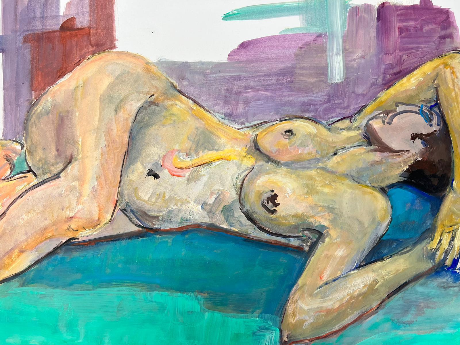 Portrait Painting French Modernist - Peinture moderniste française d'une femme nue couchée des années 1970, collection Provence