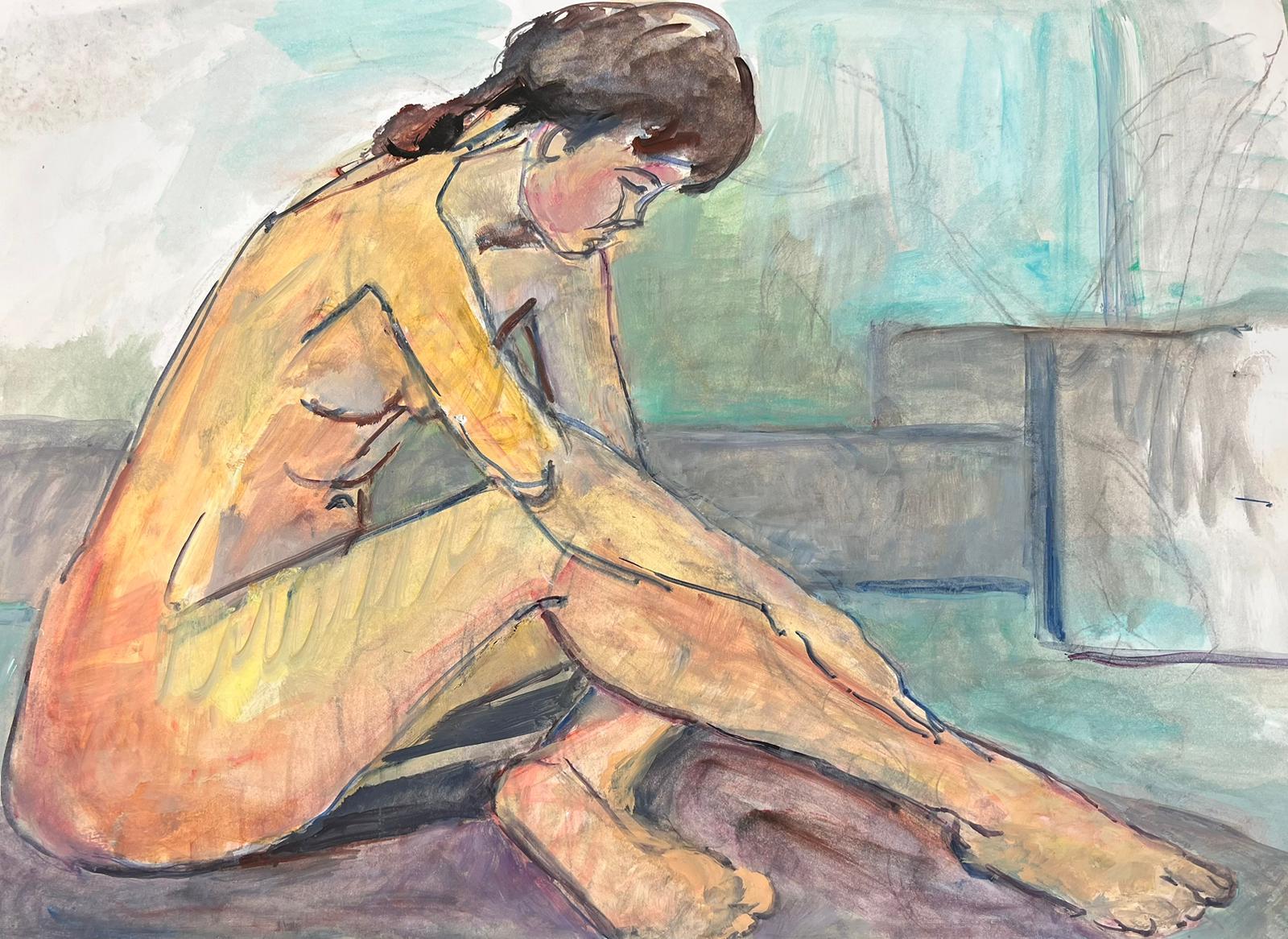 Portrait Painting de French Modernist - Modelo Dama Desnuda Reclinada Años 70 Pintura Modernista Francesa Colección Provence