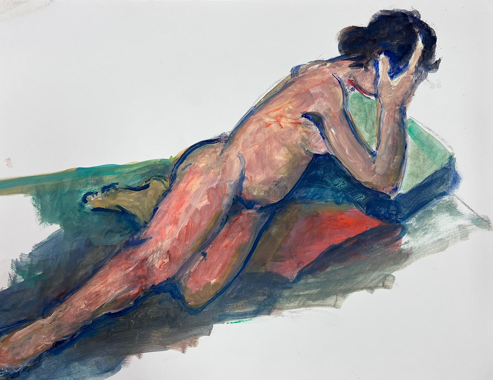 Nude Painting French Modernist - Peinture moderniste française d'une femme nue couchée des années 1970, collection Provence