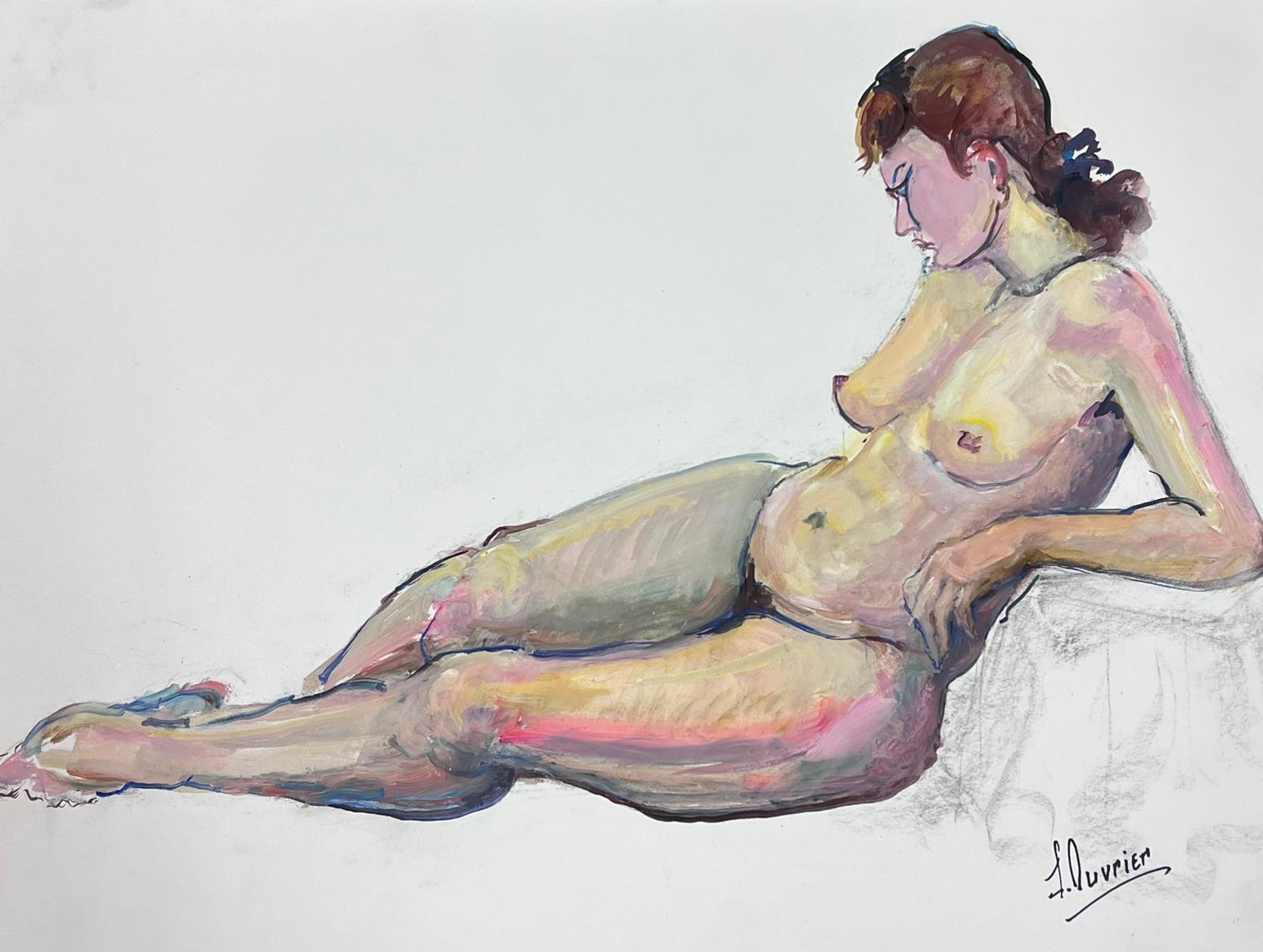 Portrait Painting French Modernist - Peinture moderniste française d'une femme nue couchée des années 1970, collection Provence