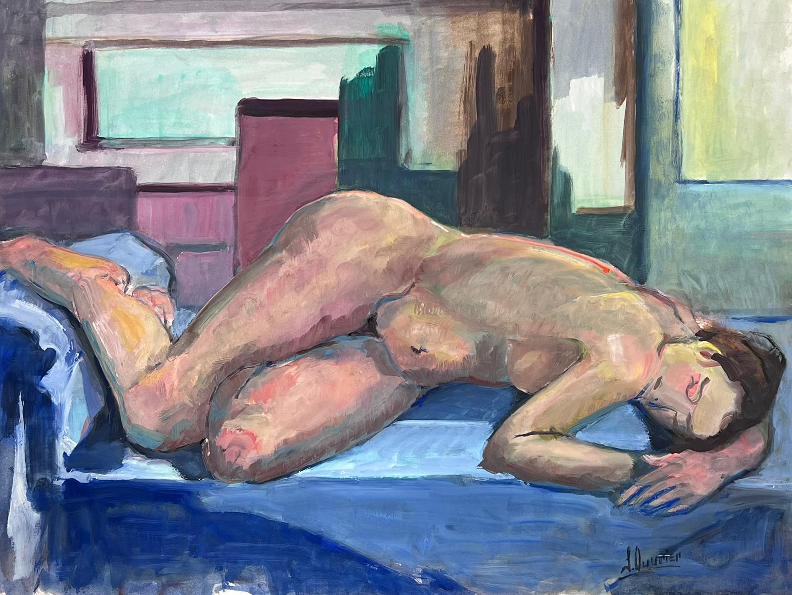 Portrait Painting French Modernist - Peinture moderniste française d'une femme nue couchée des années 1970, collection Provence