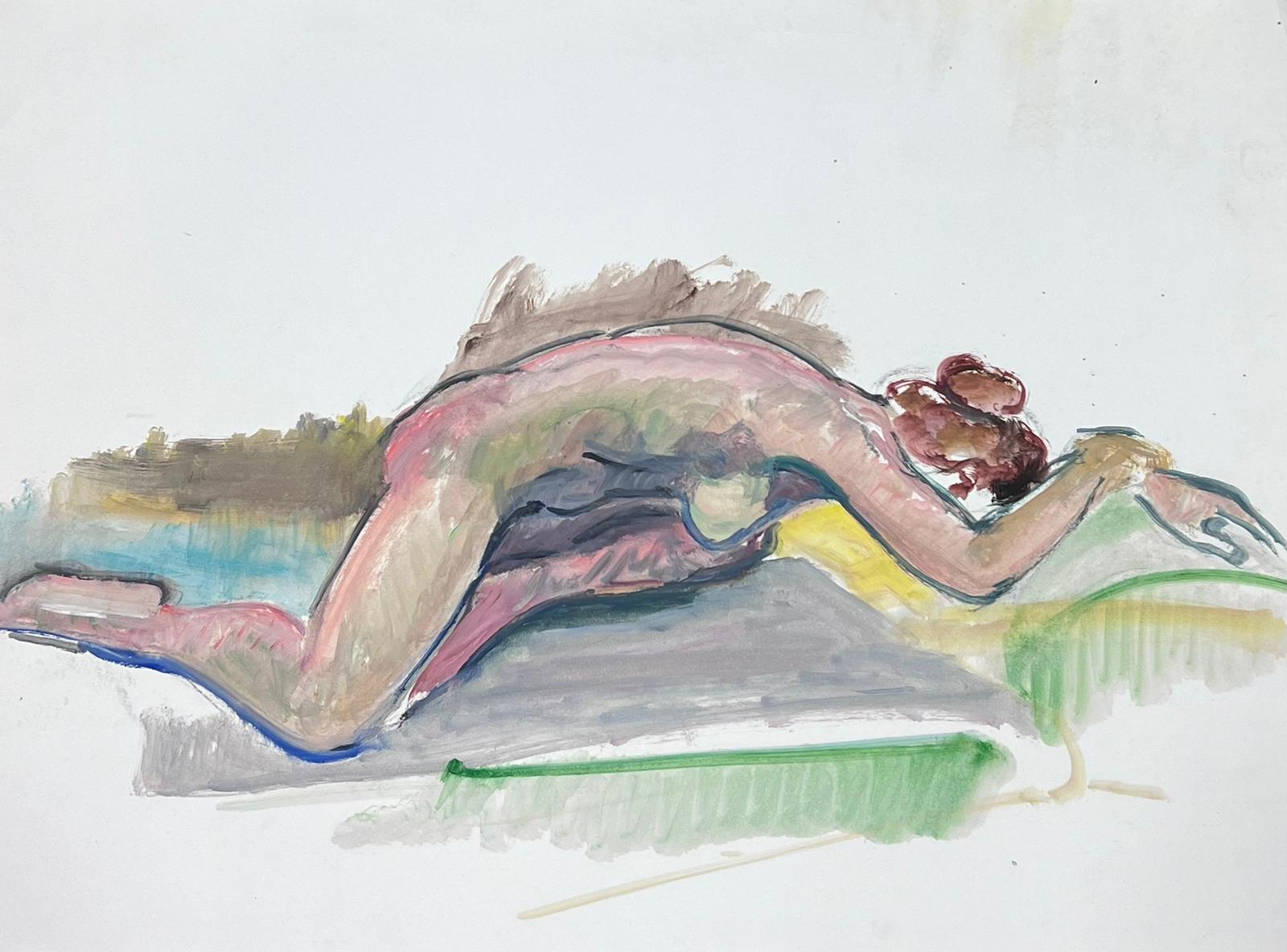 Reclining Nude Lady Model 1970's French Modernist Painting Provence Collection