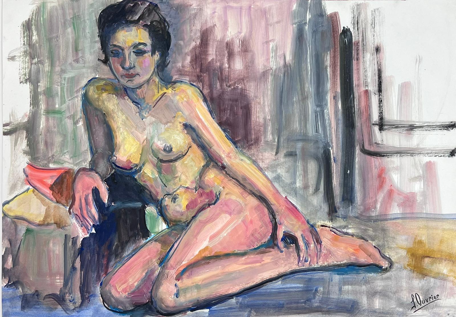 Portrait Painting French Modernist - Peinture moderniste française d'une femme nue couchée des années 1970, collection Provence