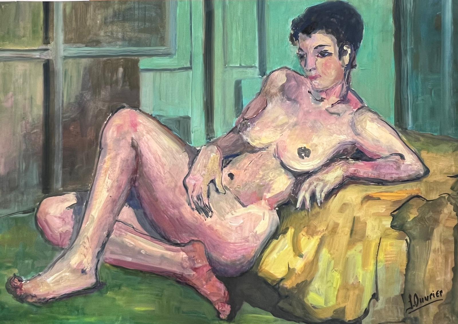 Portrait Painting French Modernist - Peinture moderniste française d'une femme nue couchée des années 1970, collection Provence