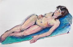 Vintage Reclining Nude Lady Model 1970's French Modernist Painting Provence Collection