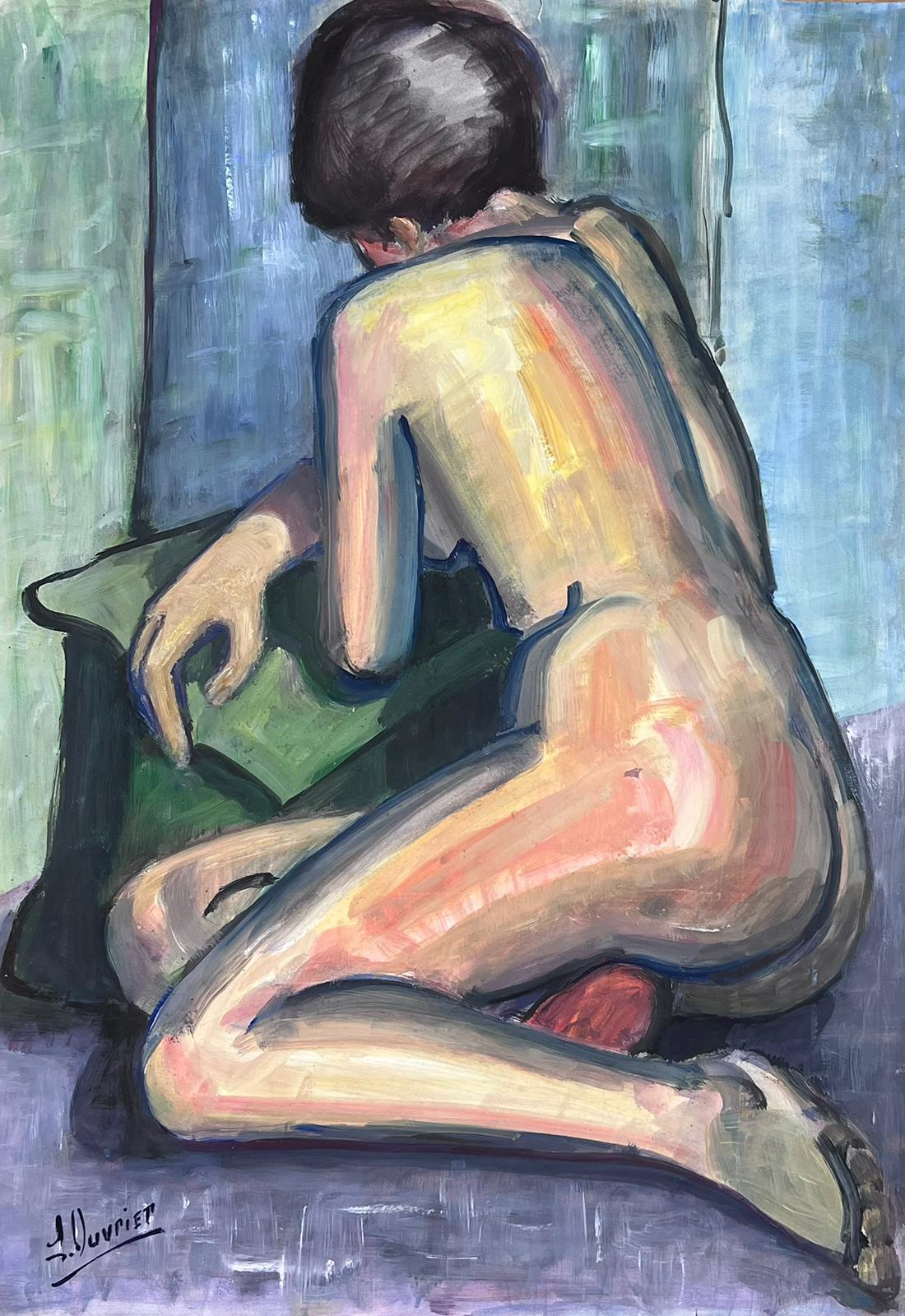 Nude Painting French Modernist - Peinture moderniste française d'une femme nue couchée des années 1970, collection Provence