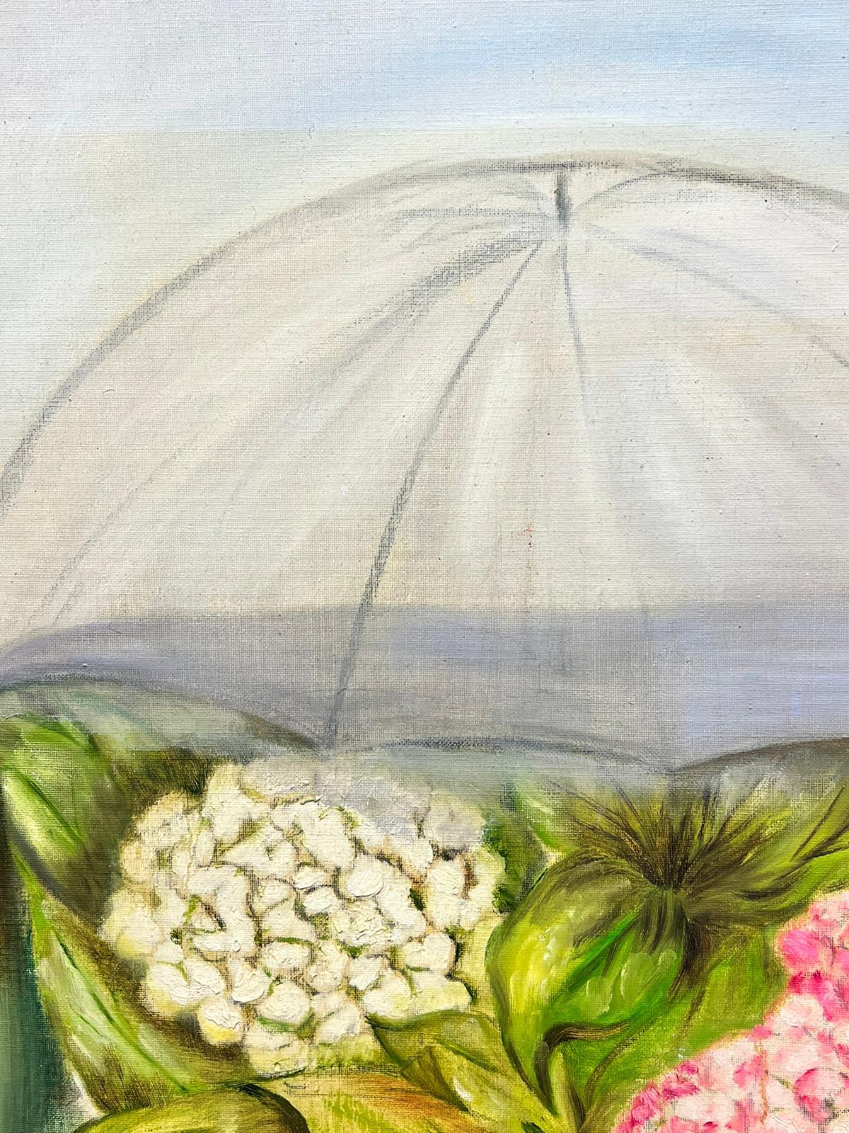 Large French Oil Hydrangeas Pink & White Flowers in a garden  - Painting by French Modernist 