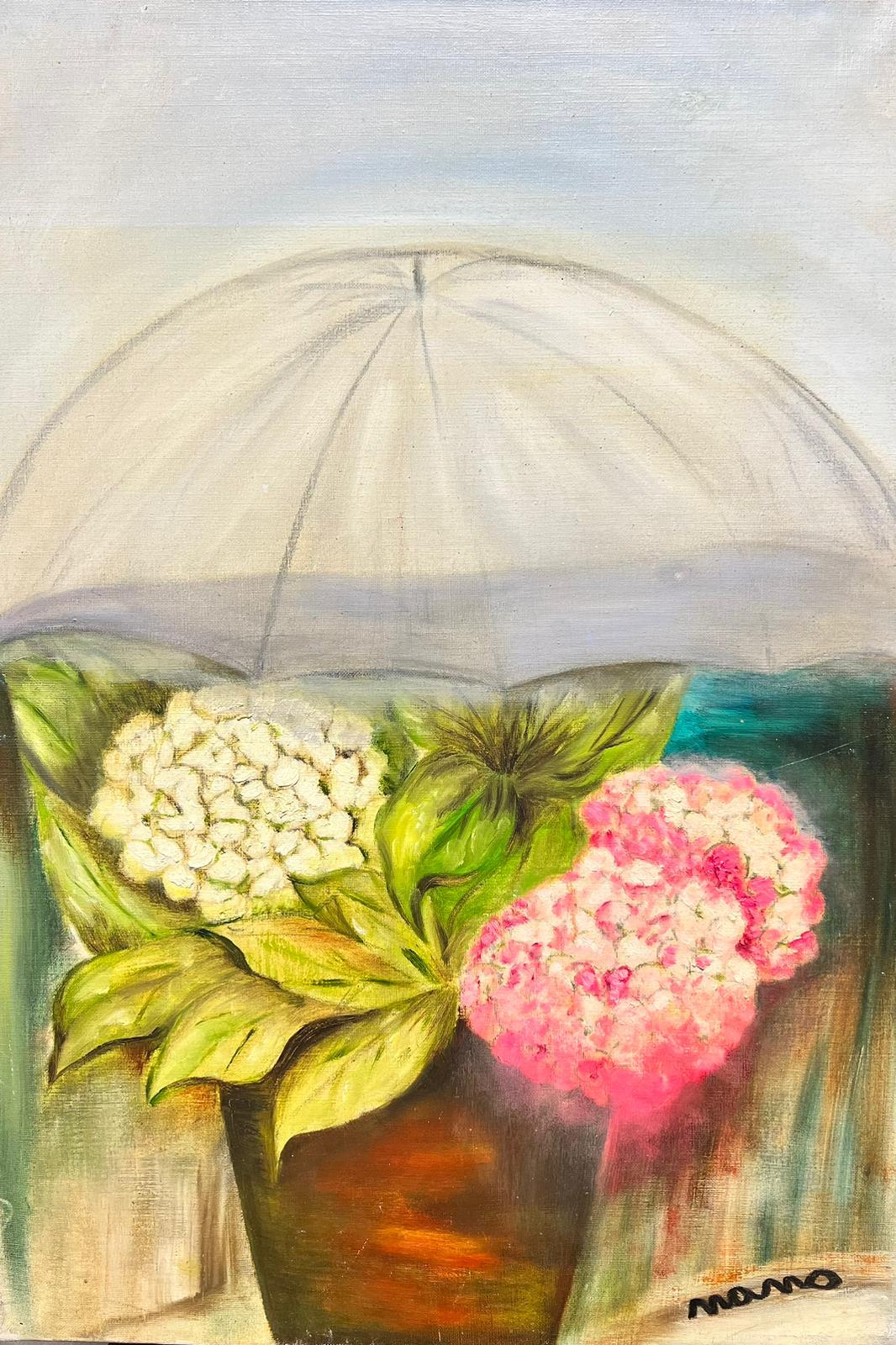 French Modernist  Landscape Painting - Large French Oil Hydrangeas Pink & White Flowers in a garden 