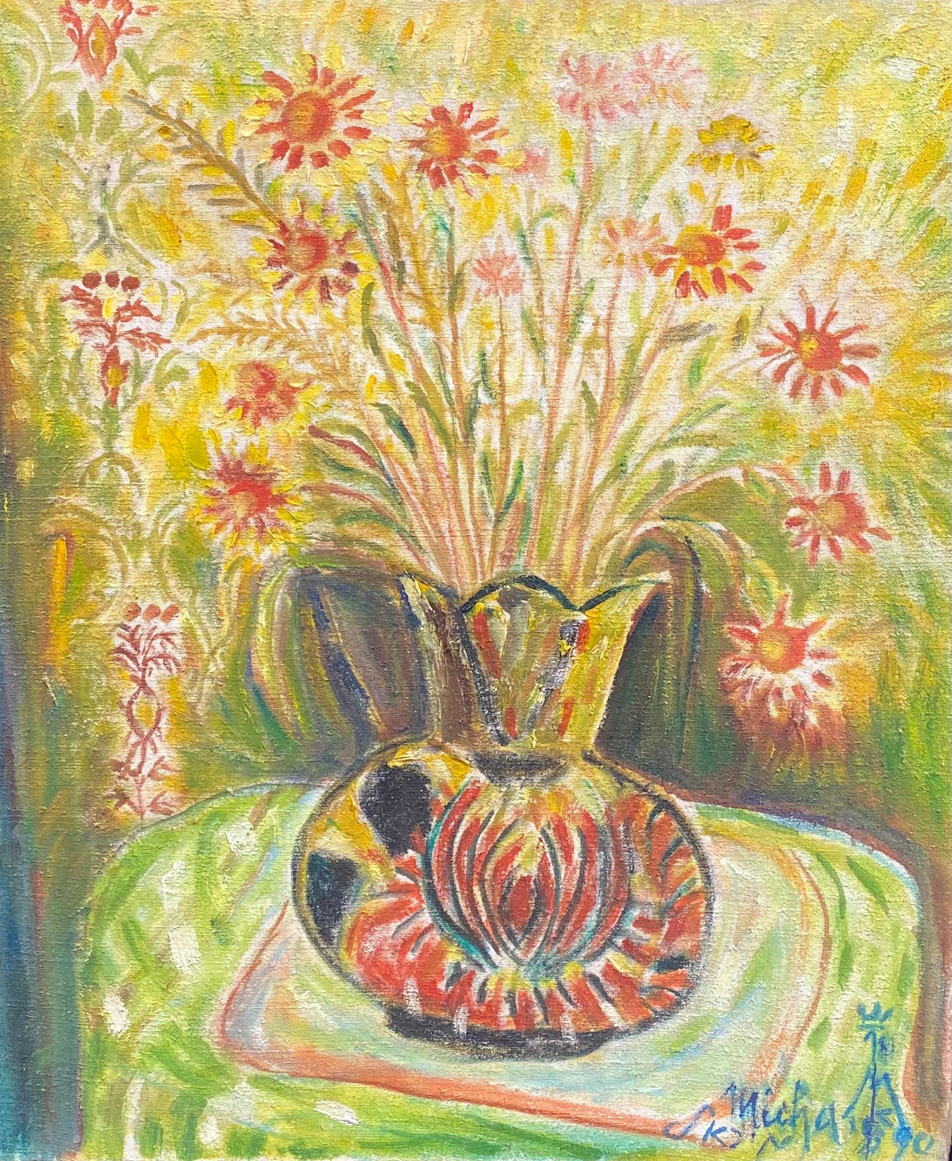 French Modernist  Still-Life Painting - Large Still Life of Flowers Pinks against Golden Yellow Green Colors, signed oil