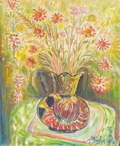Large Still Life of Flowers Pinks against Golden Yellow Green Colors, signed oil