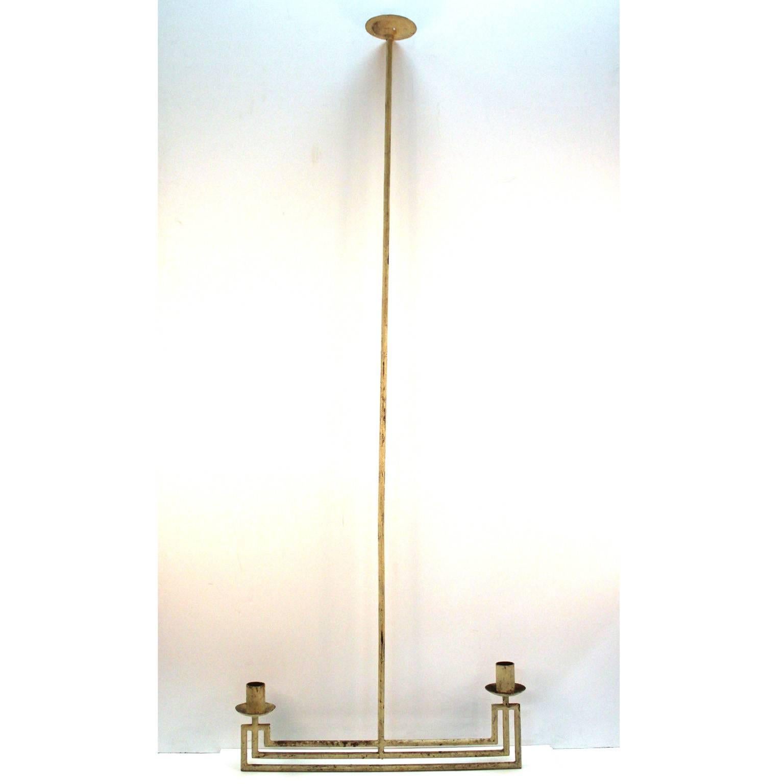 A French modernist architectural hanging light fixture made of tubular steel and painted in off-white. Made in the 1930s-1940s for an interior. Designer unknown, no hallmark or signature.