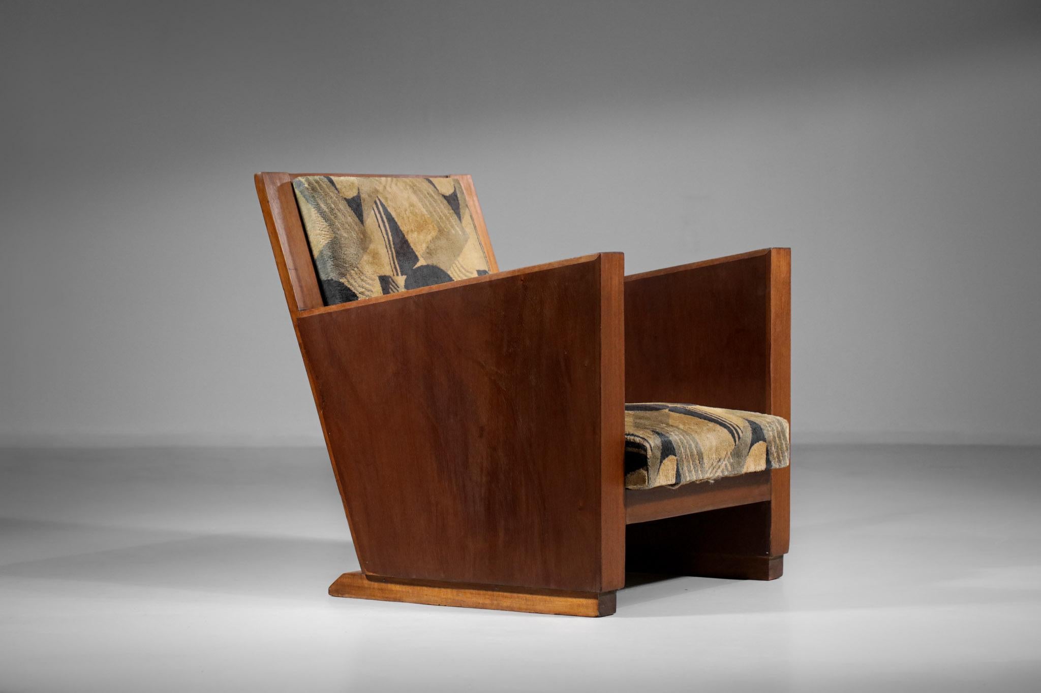 French Modernist Armchair in Art Deco Fabric with Geometric Patterns 1930 - E121 1