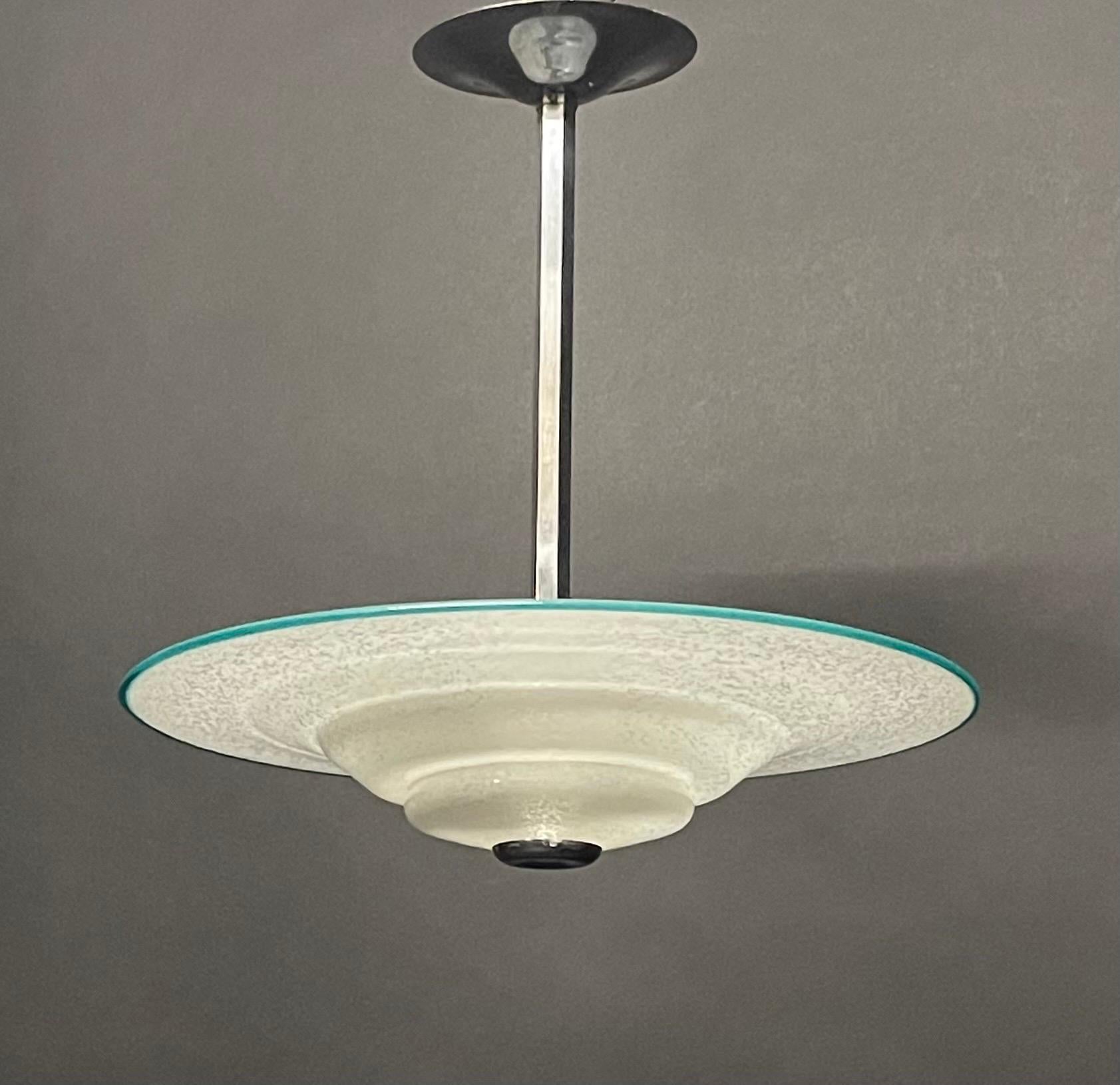 French Modernist Art Deco Glass and Chrome Pendant Chandelier, circa 1930s For Sale 7