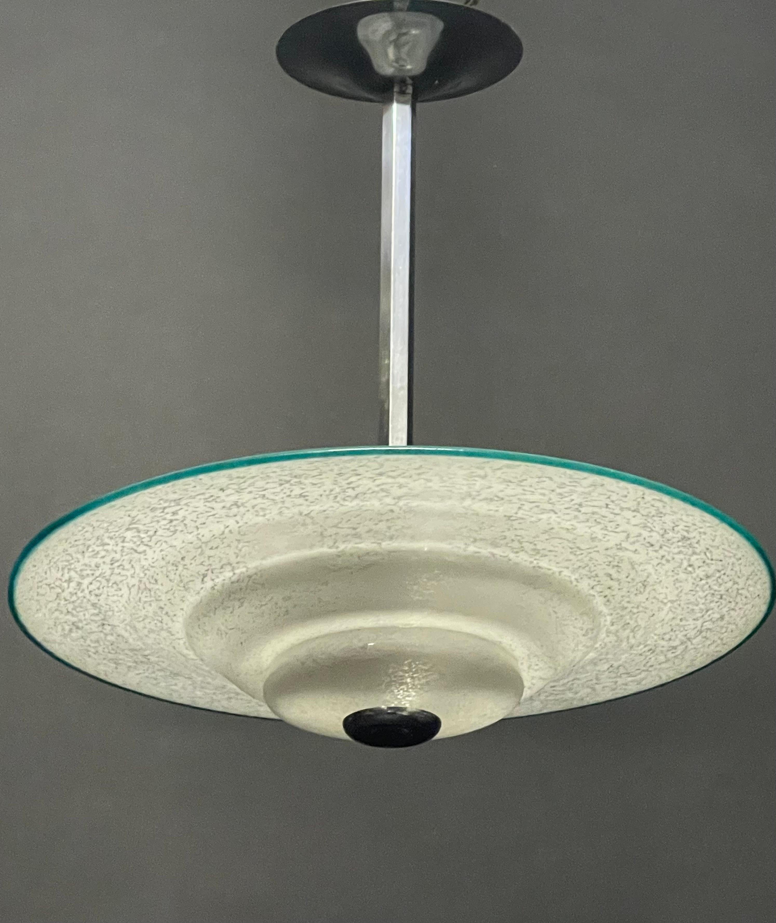 Mid-20th Century French Modernist Art Deco Glass and Chrome Pendant Chandelier, circa 1930s For Sale