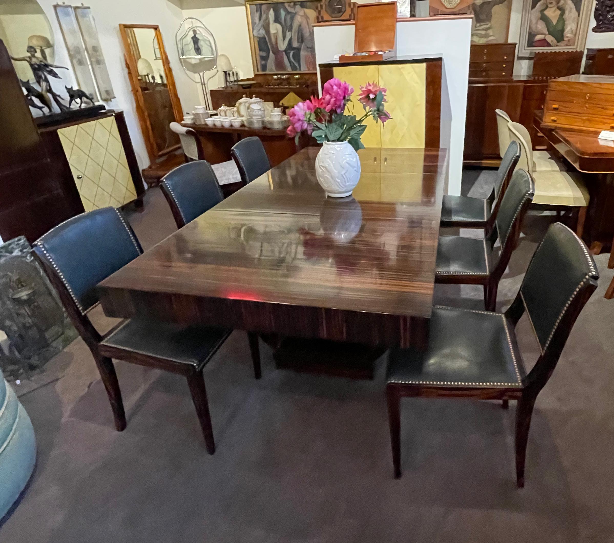 French Modernist Art Deco Macassar Wood Dining Table and 6 Matching Chairs In Good Condition In Oakland, CA