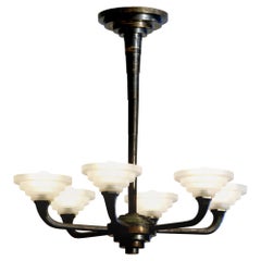 French Modernist Art Deco Six-Arm Silver Plated Frosted Glass Chandelier